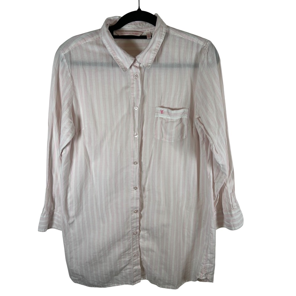 Victoria's Secret Pink White Striped Cotton Sleep Shirt Nightgown Womens Large